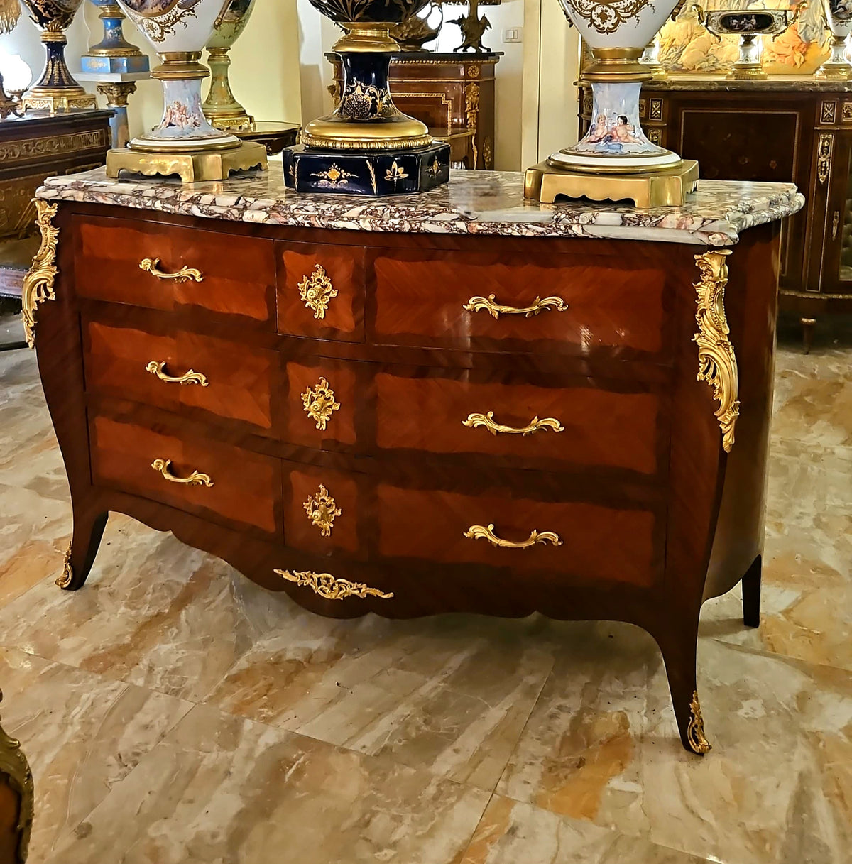 Grand French Louis XV-Style Commode – Large Wood Cabinet with Marble Top, 6 Drawers & Gilded Bronze Details
