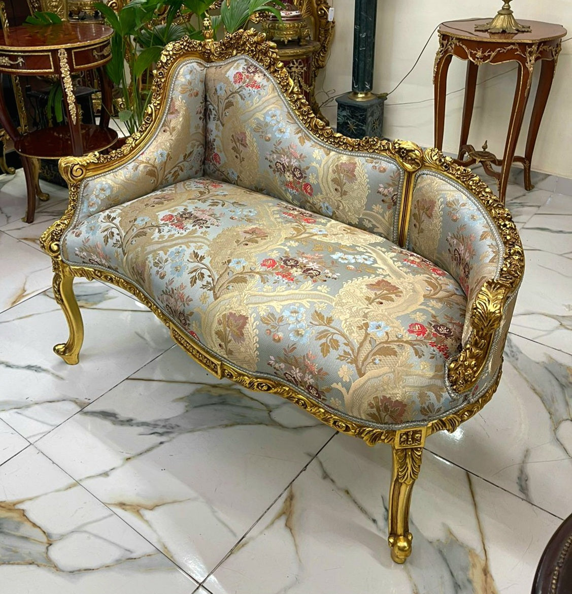 French Rococo-Style Sky Blue Settee – Floral Upholstery with Ornate Gold Leaf Carved Frame