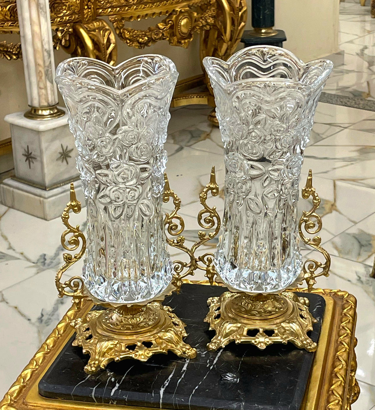 French-Style Crystal Candle Holder Set of 2 – Ornate Gold Leaf Bases & Decorative Details