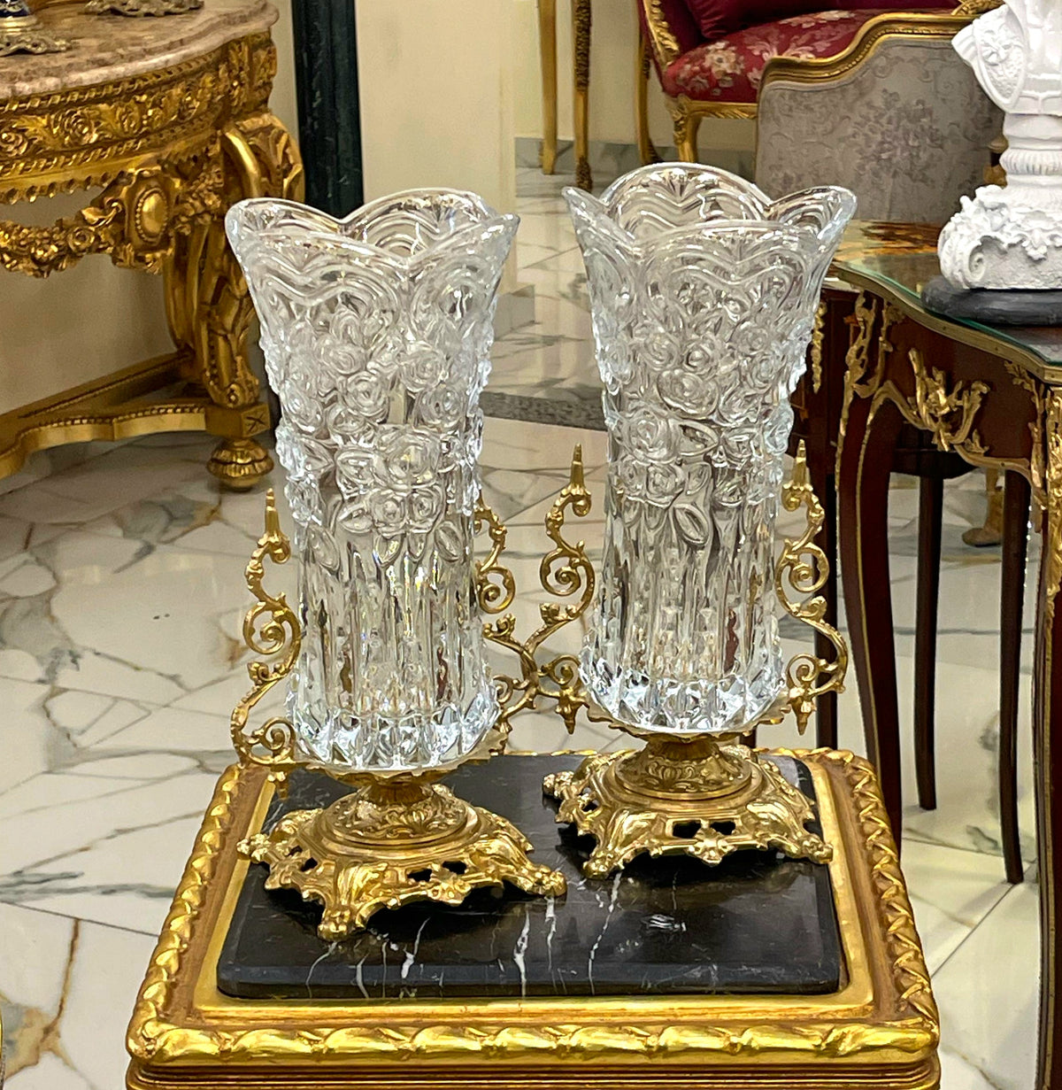 French-Style Crystal Candle Holder Set of 2 – Ornate Gold Leaf Bases & Decorative Details