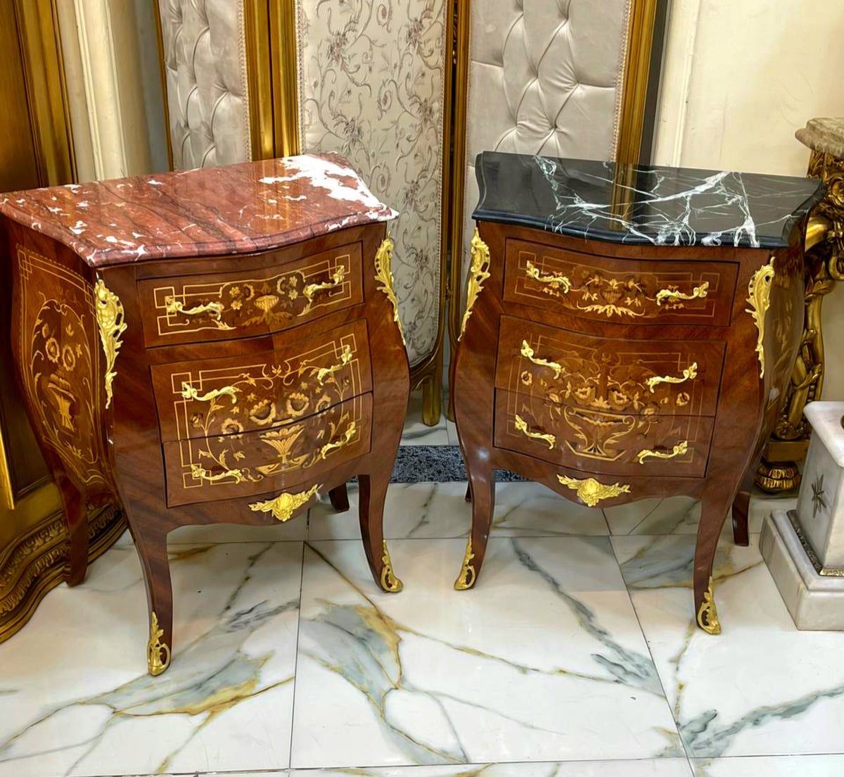 French-Inspired Marquetry Nightstand – 3 Drawers, Gilded Details & Marble Top