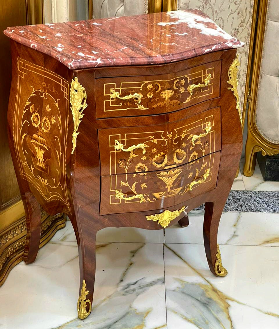 French-Style Marquetry Nightstand – Three Spacious Drawers, Gold Leaf Details & Marble Top