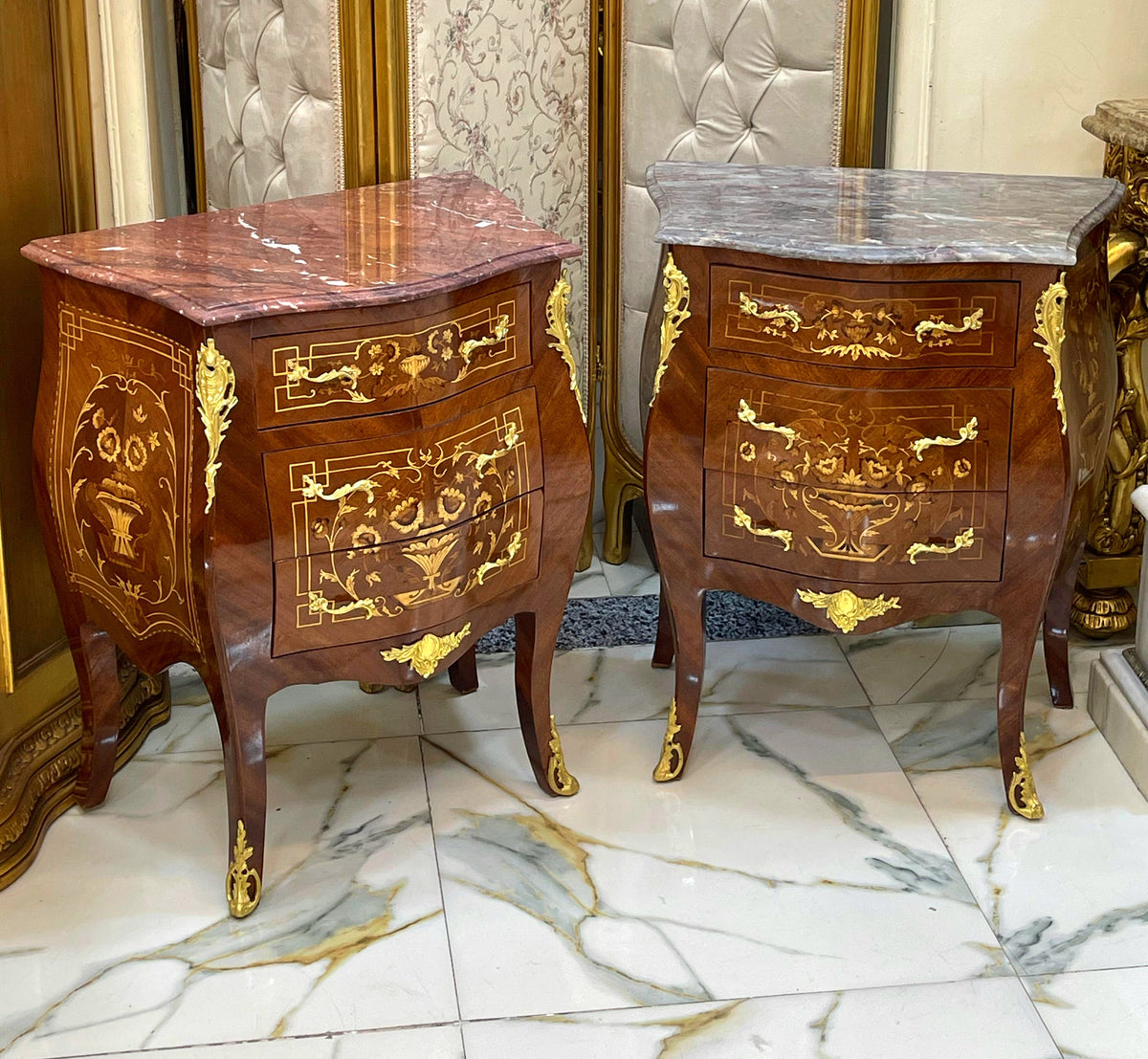 Elegant French-Style Bedside Cabinet – Floral Marquetry, Gilded Accents & Marble Top