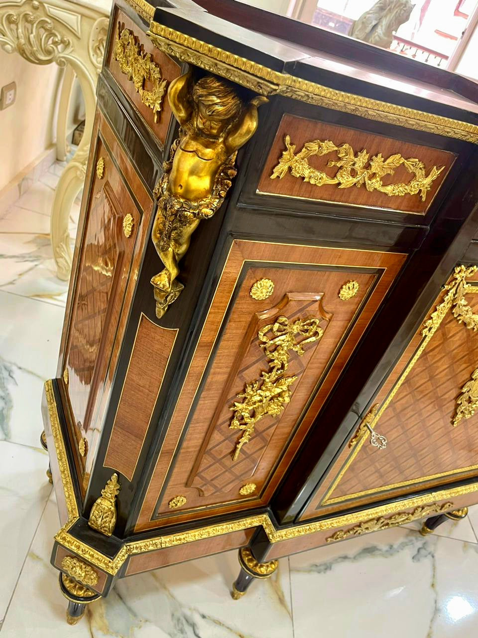 French-Style Louis XVI Sideboard – Rich Wood, Gold Leaf & Ornate Bronze Details
