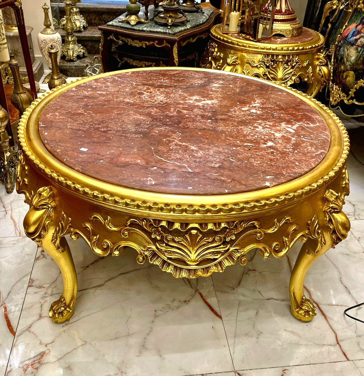 French-Style Round Coffee Table – Large Marble Top with Ornate Gold Leaf Frame & Carved Details