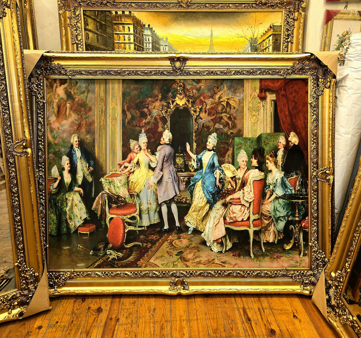 French Rococo-Style Salon Scene Painting – Elegant 18th-Century Social Gathering with Ornate Gold Leaf Frame