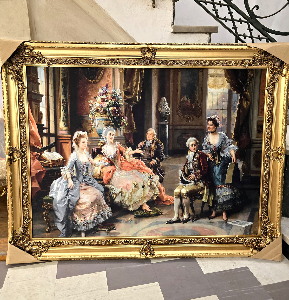 French Rococo Salon Scene Artwork – Elegant Figures, Ornate Gold Leaf Frame & Decorative Details
