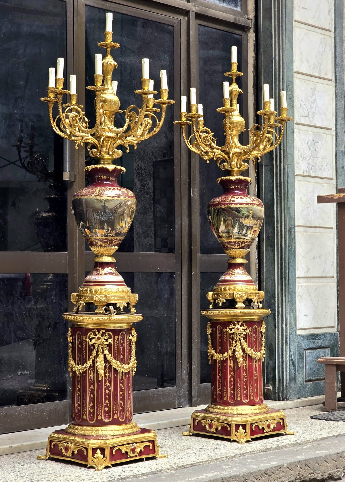 Grand French-Style Porcelain Vase & Pedestal Set – Burgundy Porcelain, Gold Leaf, Bronze & Ornate Candelabra