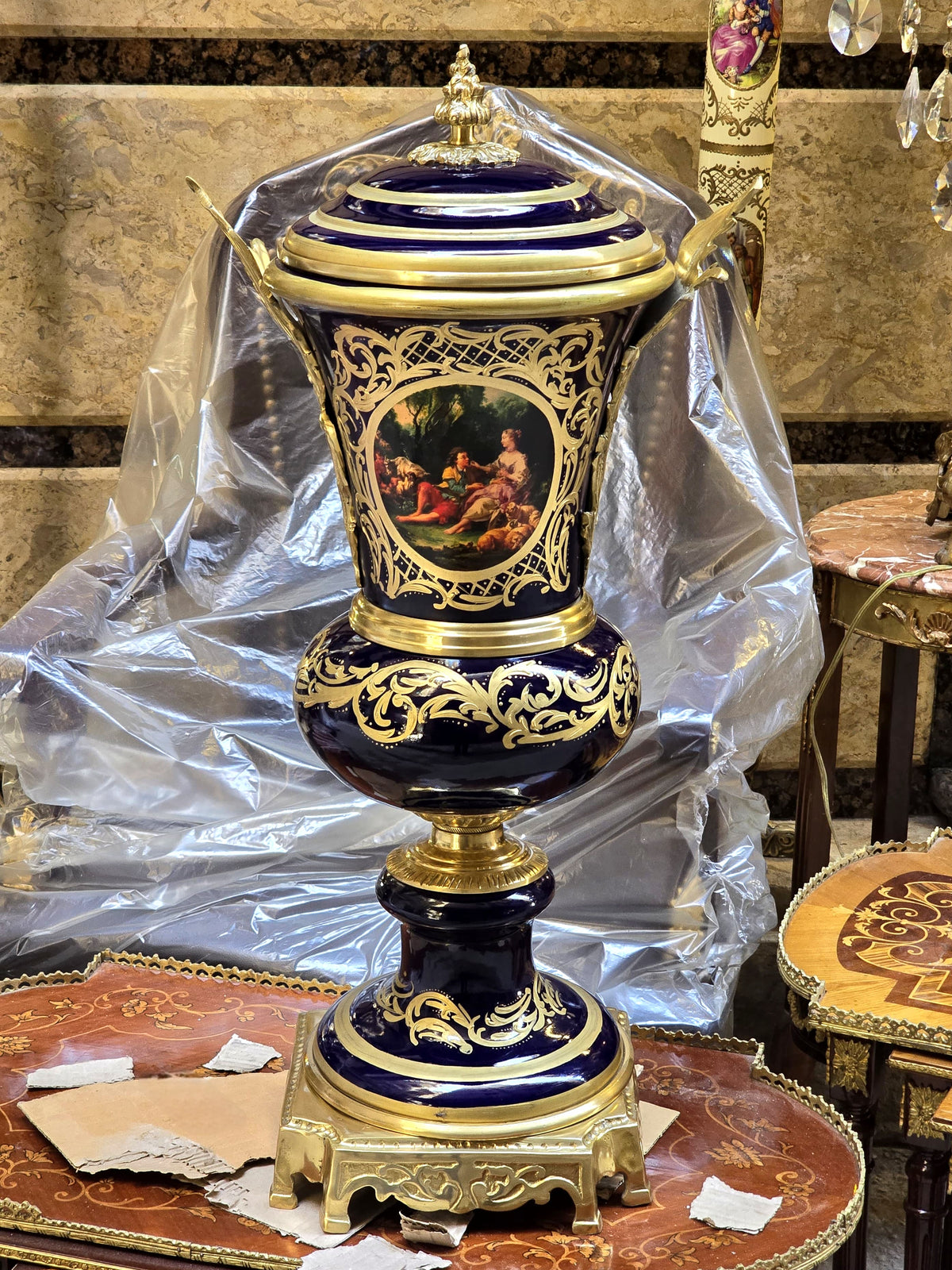 Ornate Cobalt Blue Porcelain Vase – French-Inspired Design with Gold Leaf & Scenic Medallion
