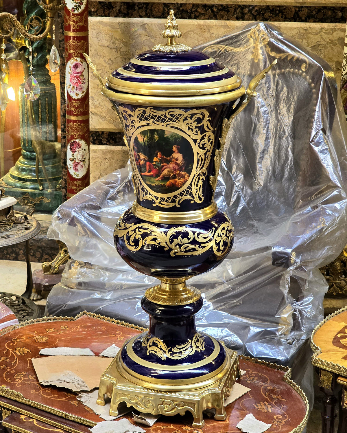 Ornate Cobalt Blue Porcelain Vase – French-Inspired Design with Gold Leaf & Scenic Medallion