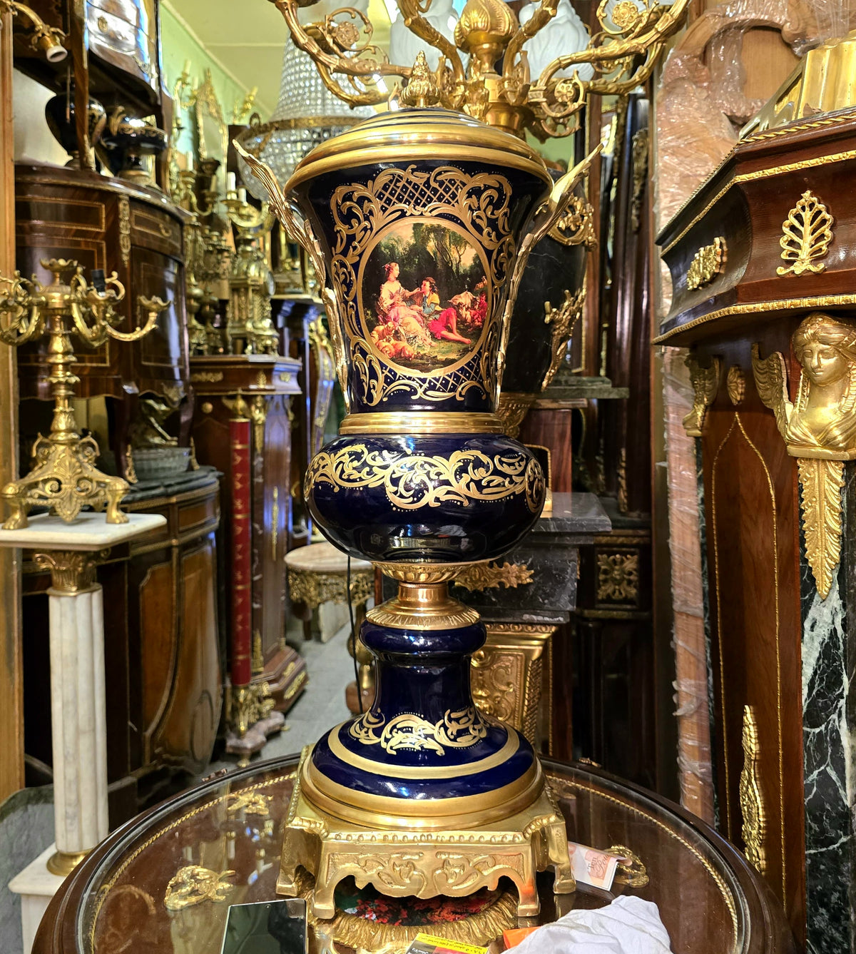 French-Inspired Cobalt Black Vase – Hand-Decorated Porcelain with Gold Leaf & Bronze Accents