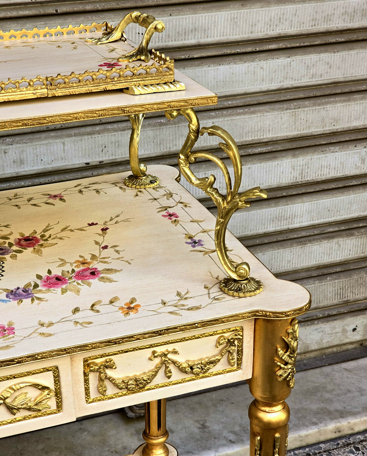 Ornate French-Style White Serving Table – Gilded Details, Floral Inlay & Three-Tier Design