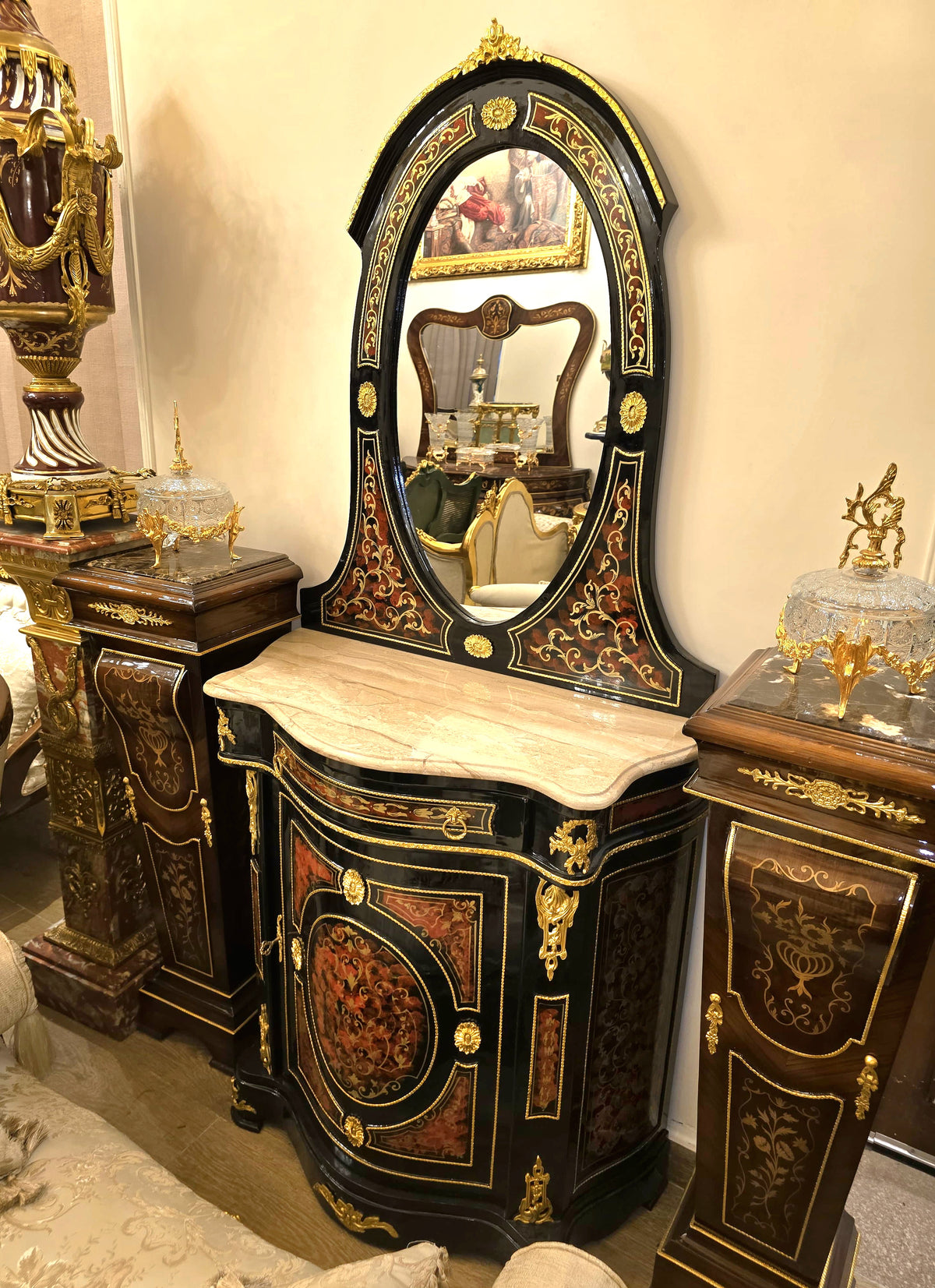 Grand French-Style Black Commode & Mirror Set – Gold Leaf, Bronze & Intricate Marquetry | 2-Piece Set