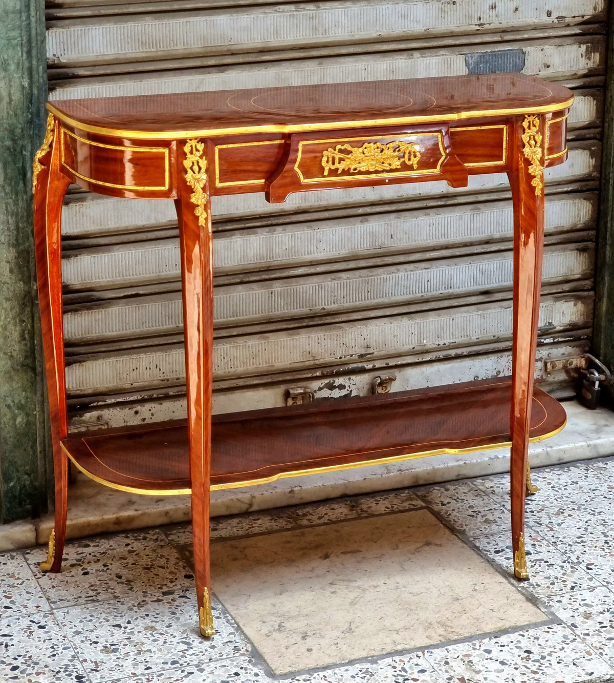 Ornate Louis XVI-Inspired Console – Intricate Wood Marquetry with Gold Leaf Accents