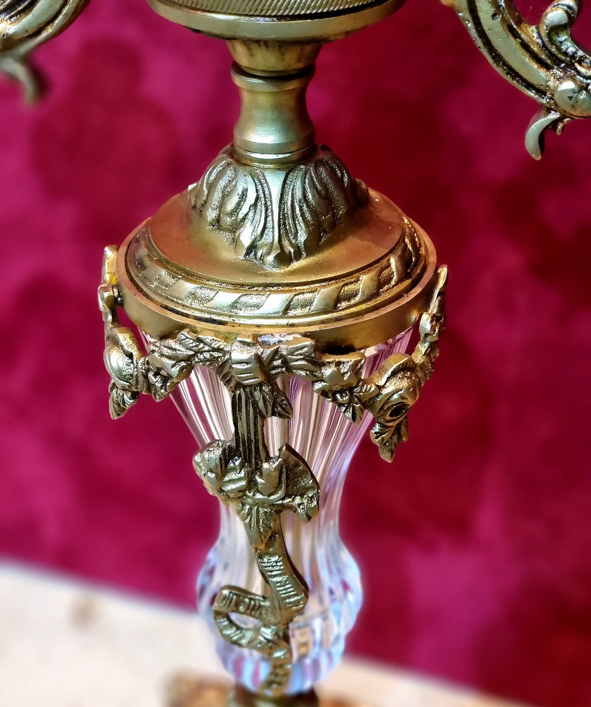 French-Style Gilded Bronze & Crystal Candelabra – Ornate Gold Leaf Three-Light Decorative Accent