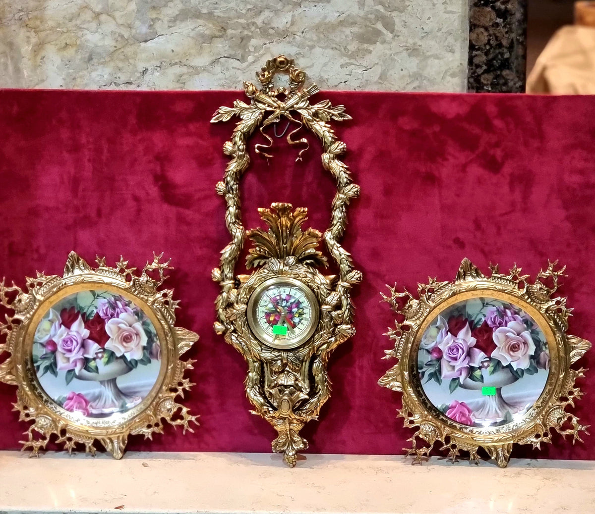 French-Style Gold Leaf Clock & Porcelain Wall Plate Set – 3-Piece Rose Motif Collection