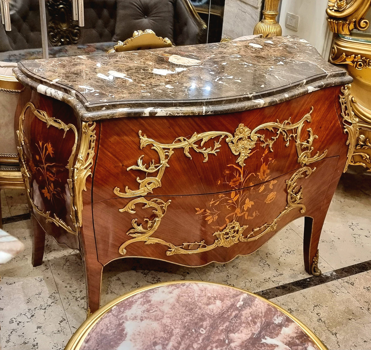 French Bombe Commode with Floral Marquetry, Gilded Bronze Ormolu and Polished Marble Top