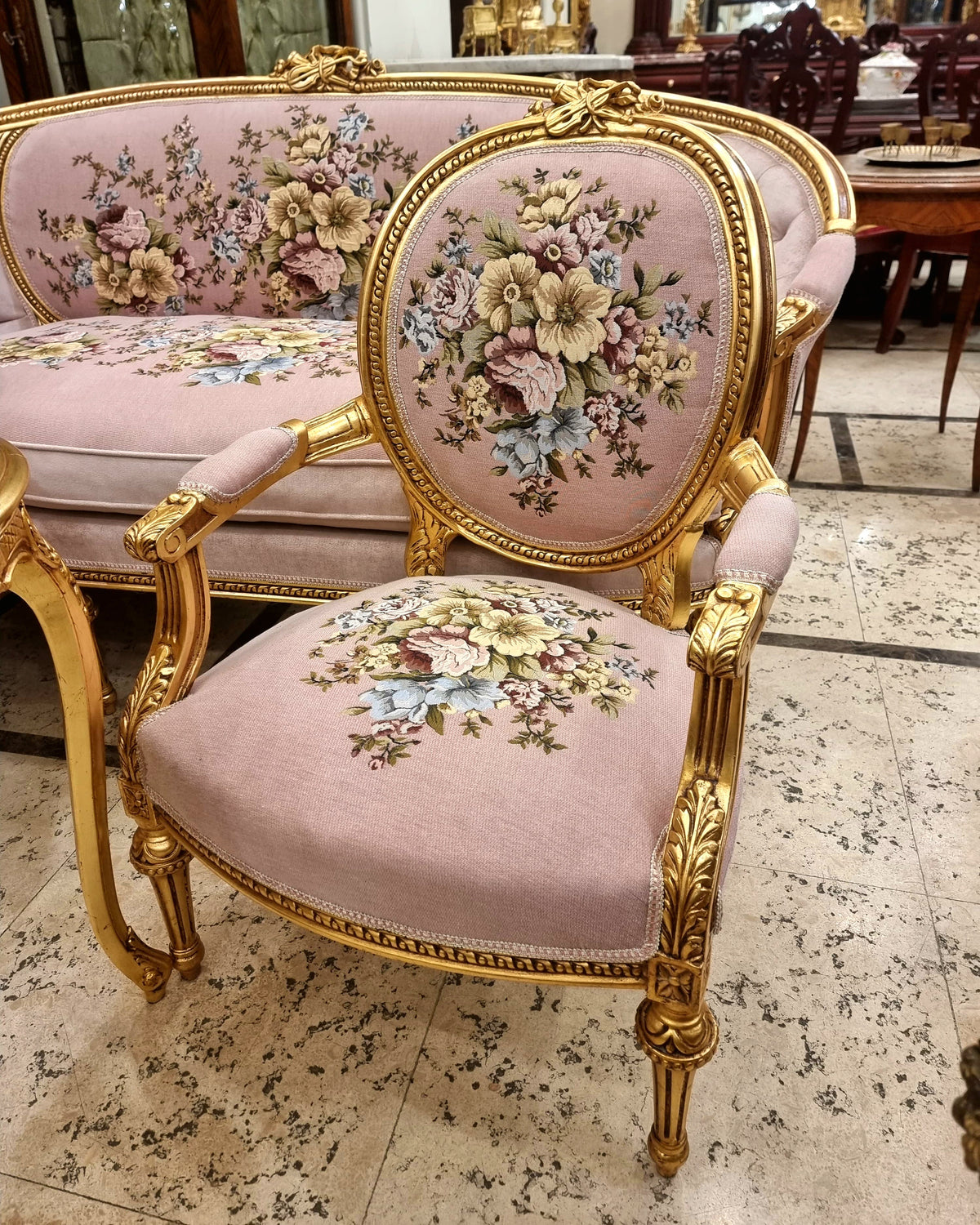 French Louis XV Style Floral Damask Armchair with Ornate Gold Leaf Frame and Carved Wood Details