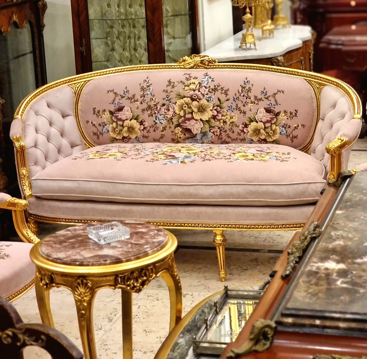 French Louis XV Style Floral Damask Sofa with Ornate Gold Leaf Frame and Carved Wood Details