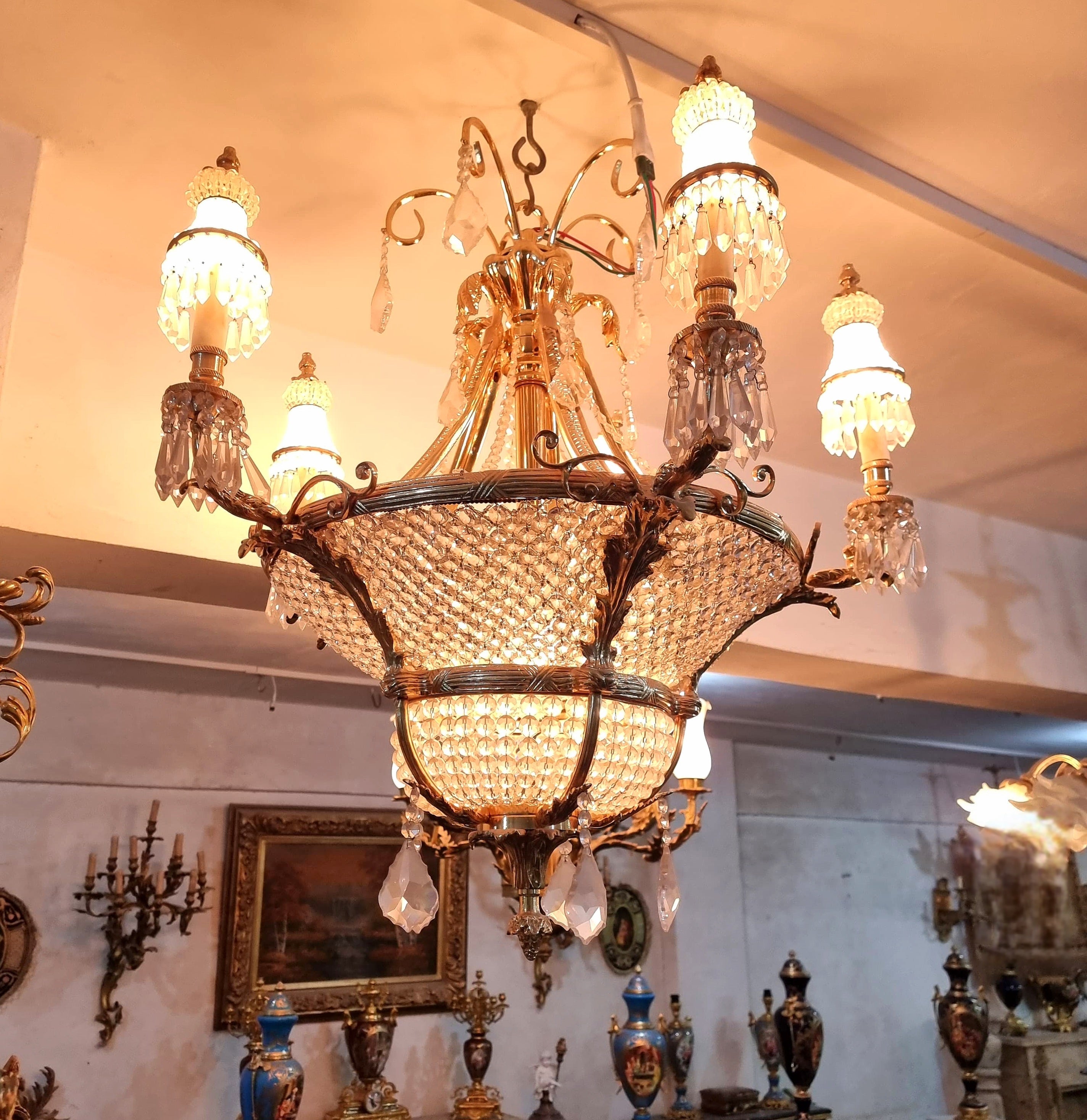 Spectacular French Crystal Chandelier with Gold Leaf & Ornate Bronze Frame