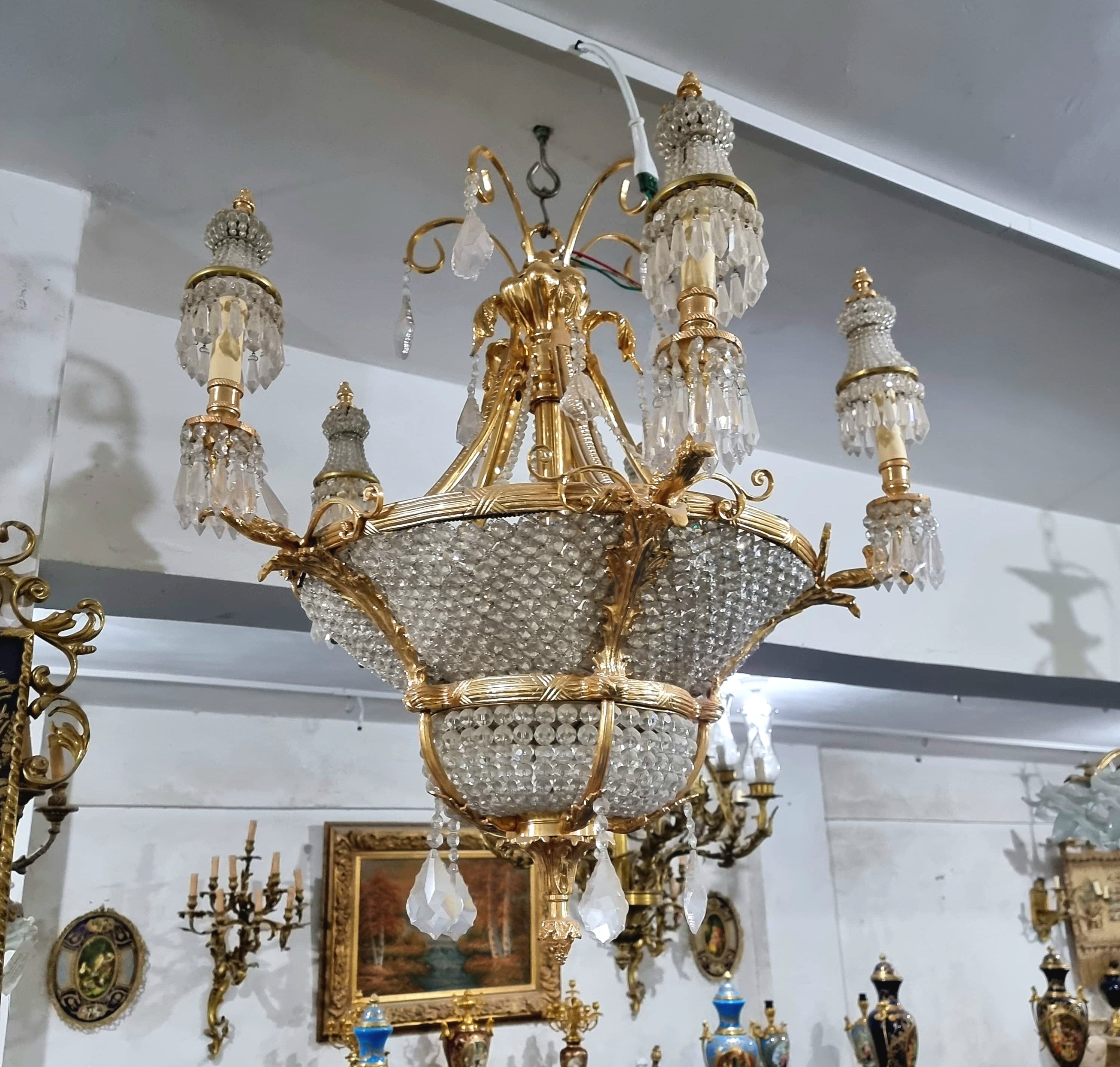 Spectacular French Crystal Chandelier with Gold Leaf & Ornate Bronze Frame