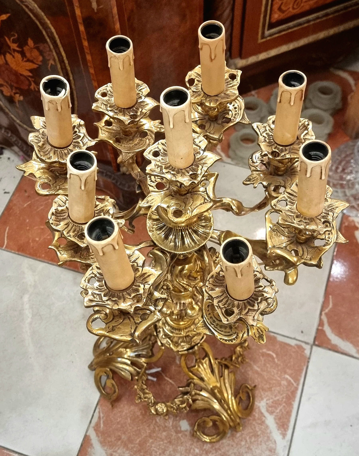 French Louis XV Style Nine-Light Gilded Bronze Candelabra with Gold Leaf and Elaborate Foliate Details