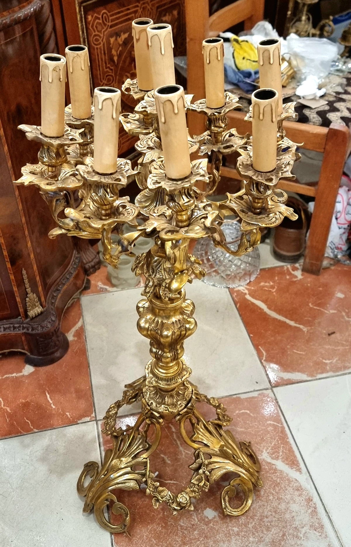 French Louis XV Style Nine-Light Gilded Bronze Candelabra with Gold Leaf and Elaborate Foliate Details