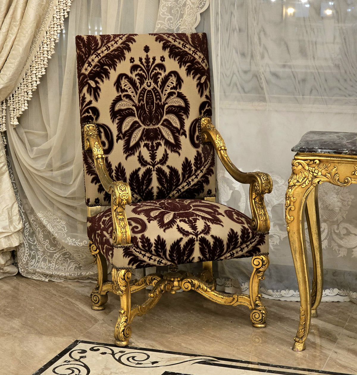 Elegant French Louis XV Armchair with Gold Leaf Frame & Soft Damask Upholstery
