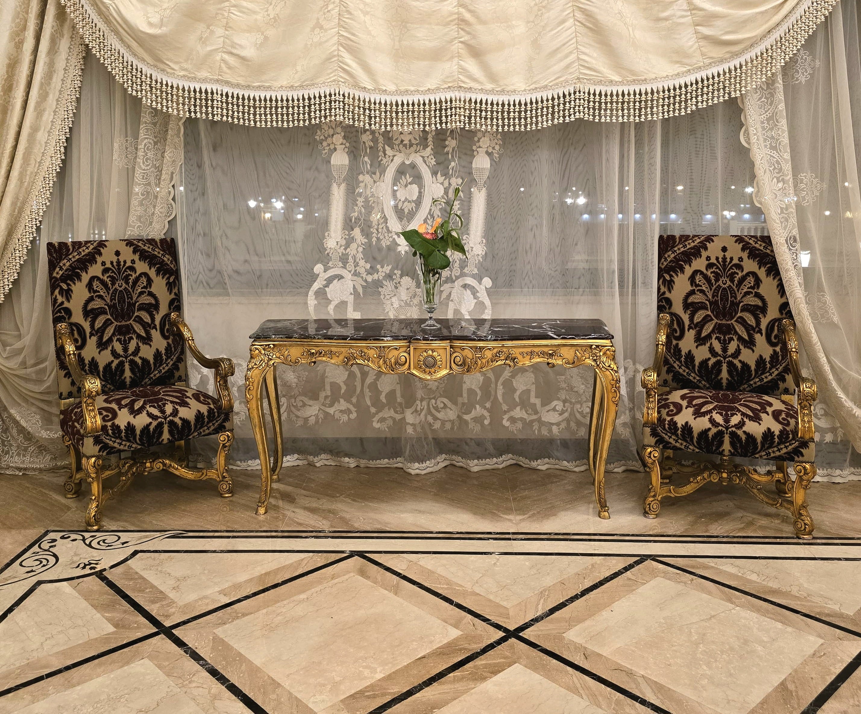 Elegant French Louis XV Armchair with Gold Leaf Frame & Soft Damask Upholstery