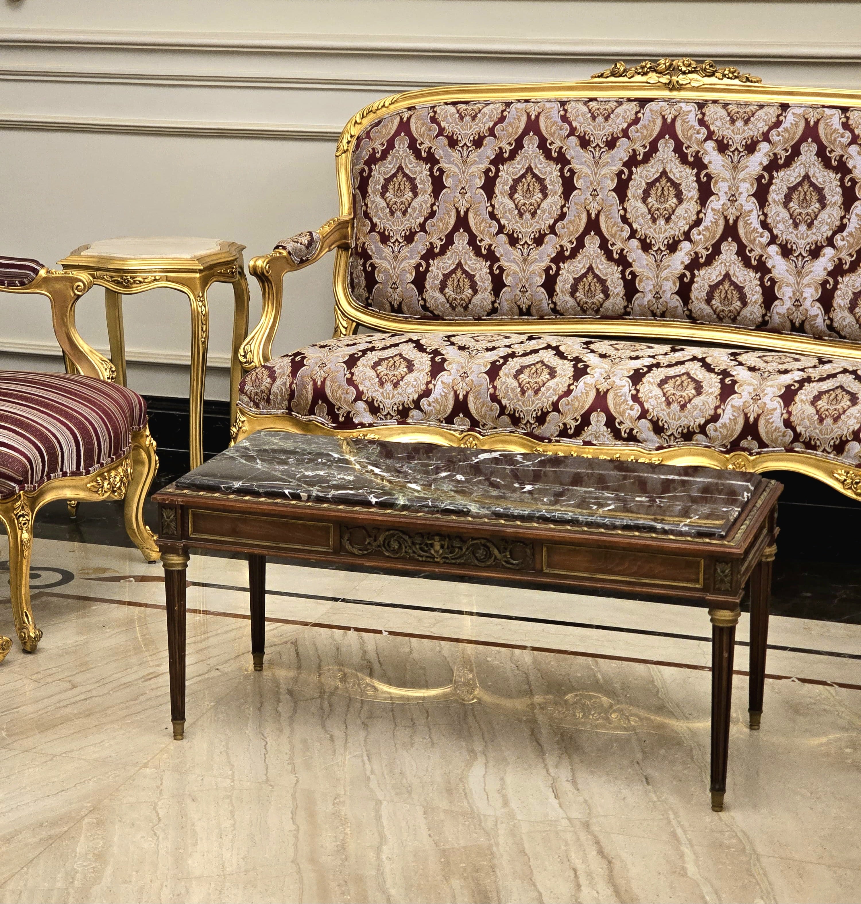 French Louis XV Style Sofa – Burgundy Damask Upholstery with Hand-Applied Gold Leaf Frame
