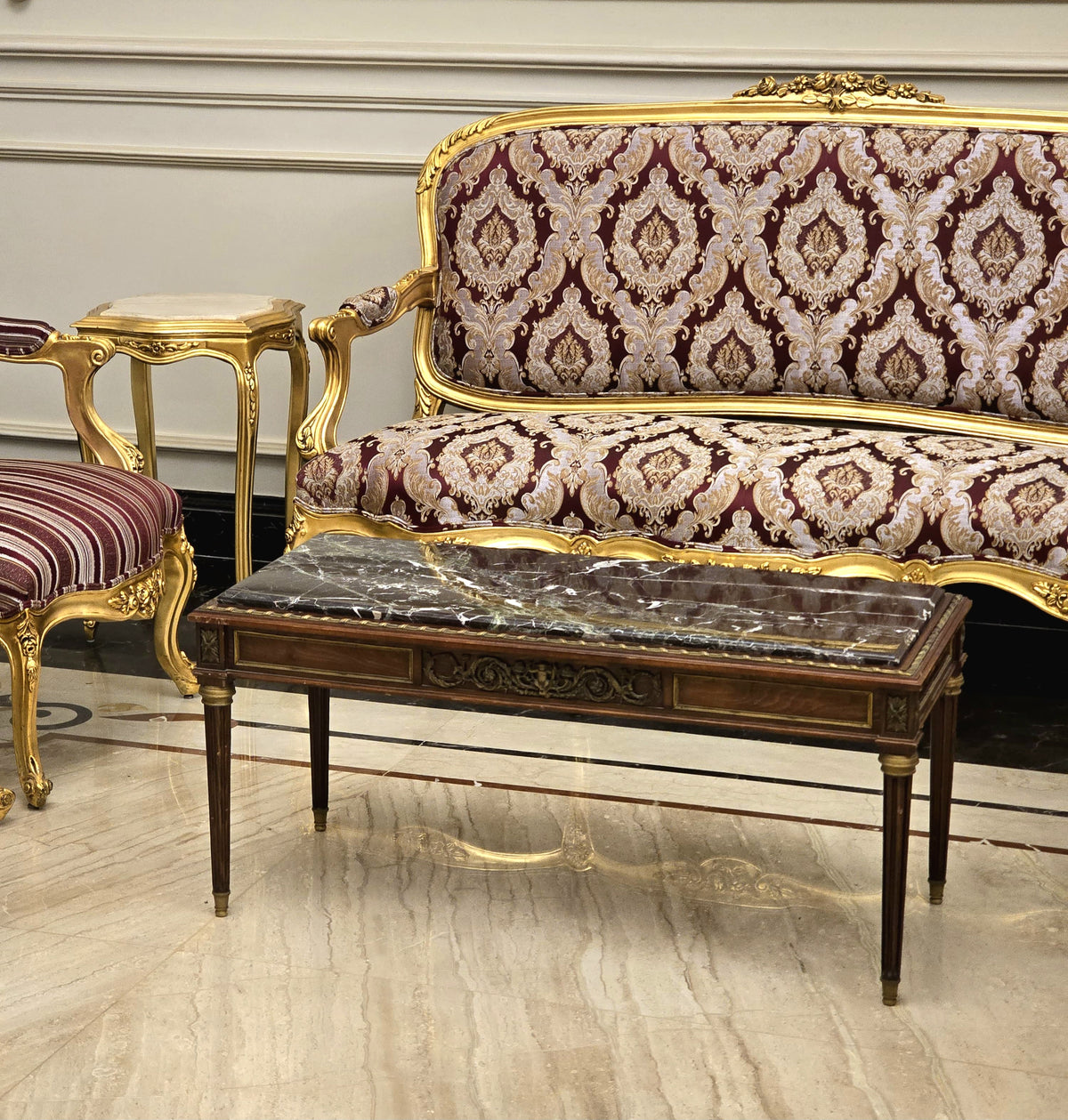 French Louis XVI Style Salon Set – Gilded Gold Leaf Sofa & 4 Armchairs with Burgundy Damask Upholstery
