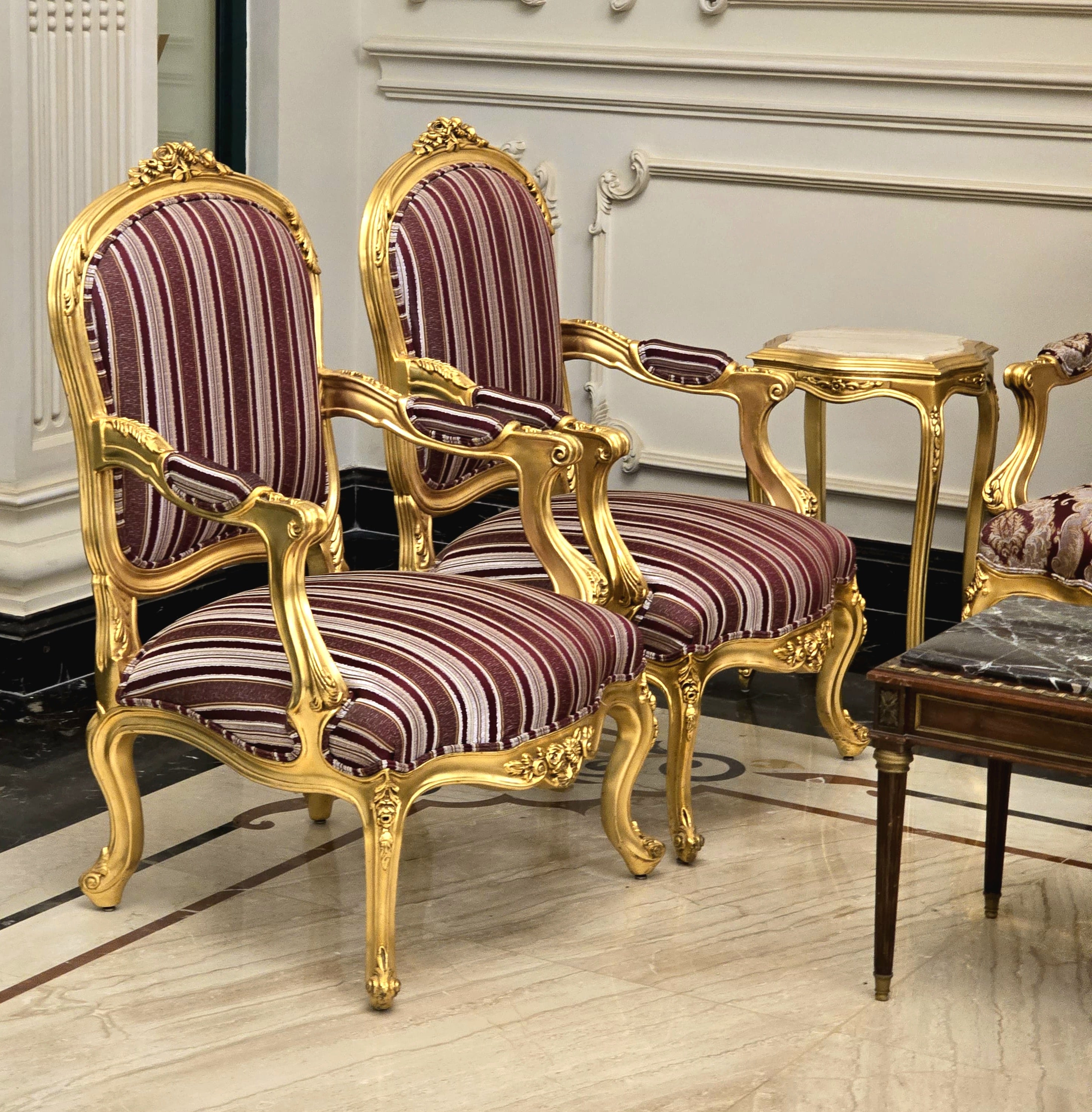 French Louis XVI Style Salon Set – Gilded Gold Leaf Sofa & 4 Armchairs with Burgundy Damask Upholstery