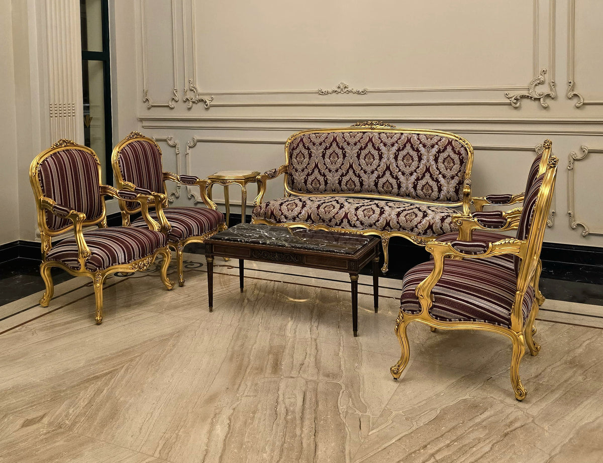 French Louis XVI Style Salon Set – Gilded Gold Leaf Sofa & 4 Armchairs with Burgundy Damask Upholstery