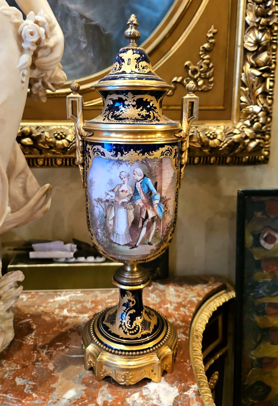 French-Style Blue Porcelain Vase – Hand-Painted Romantic Scene with Gold Leaf & Bronze Details