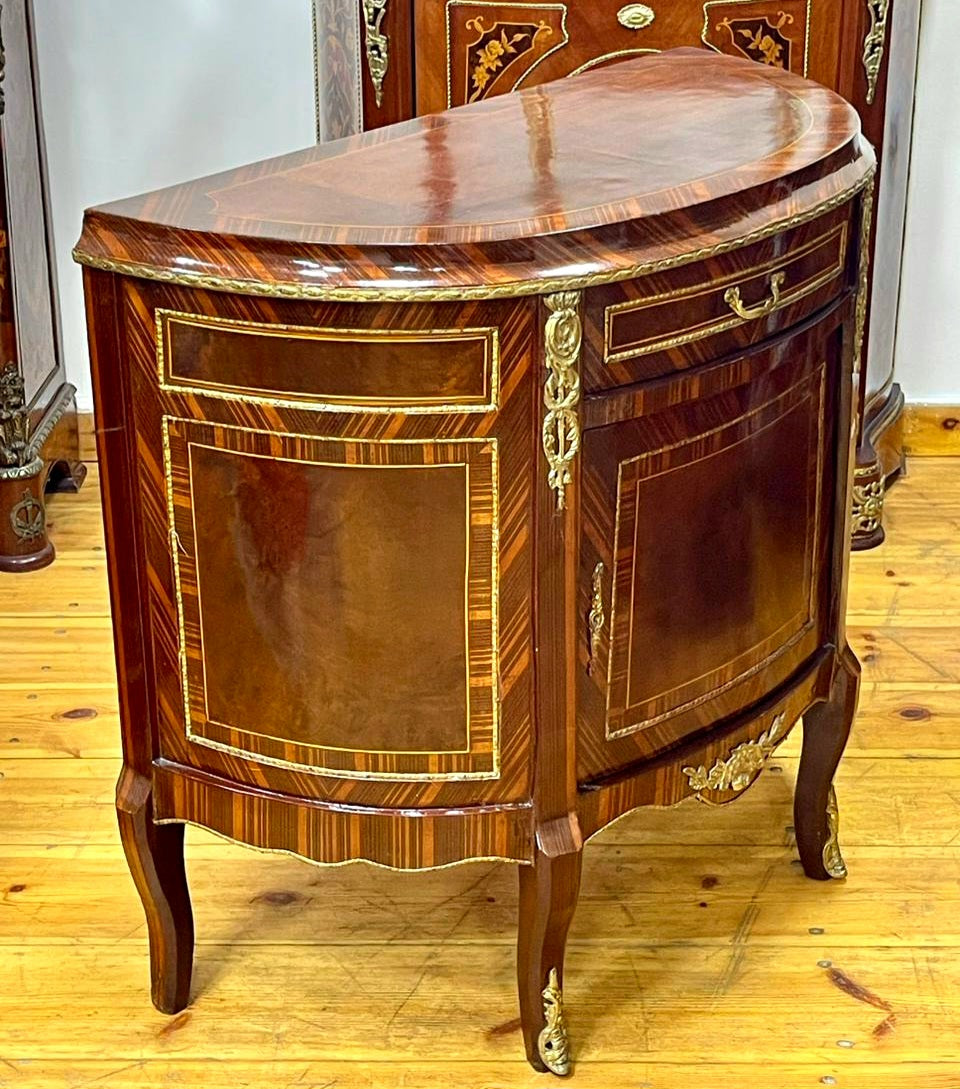 Ornate French Demilune Cabinet – Rich Hardwood Finish with Gold Leaf Ornamentation