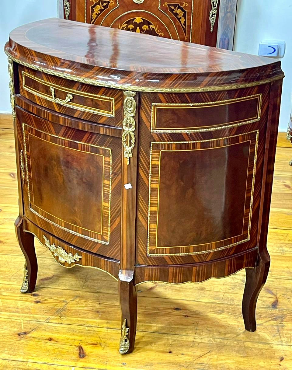 Ornate French Demilune Cabinet – Rich Hardwood Finish with Gold Leaf Ornamentation