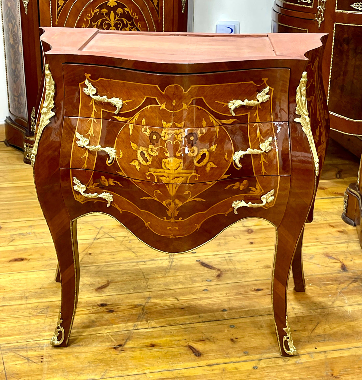 Refined French Bombe Commode – Three-Drawer Chest with Ornate Marble-Capped Design