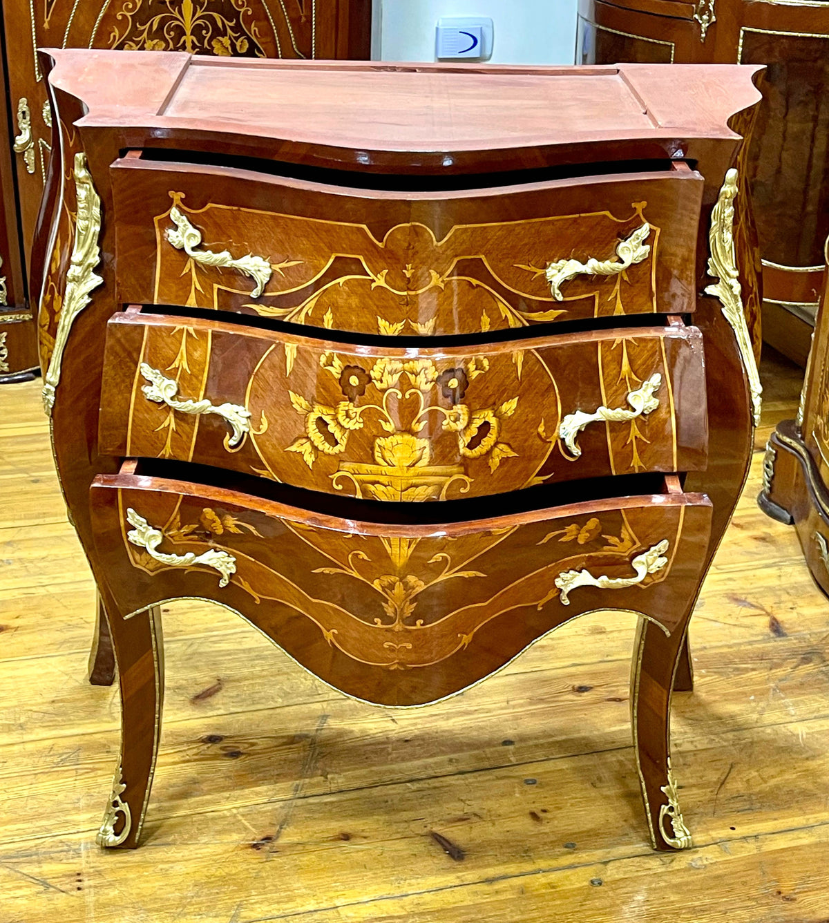 Refined French Bombe Commode – Three-Drawer Chest with Ornate Marble-Capped Design