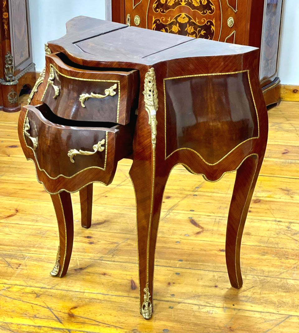 Sculptural French Side Cabinet – Bombe Wood Design with Gilded Bronze-Style Accents