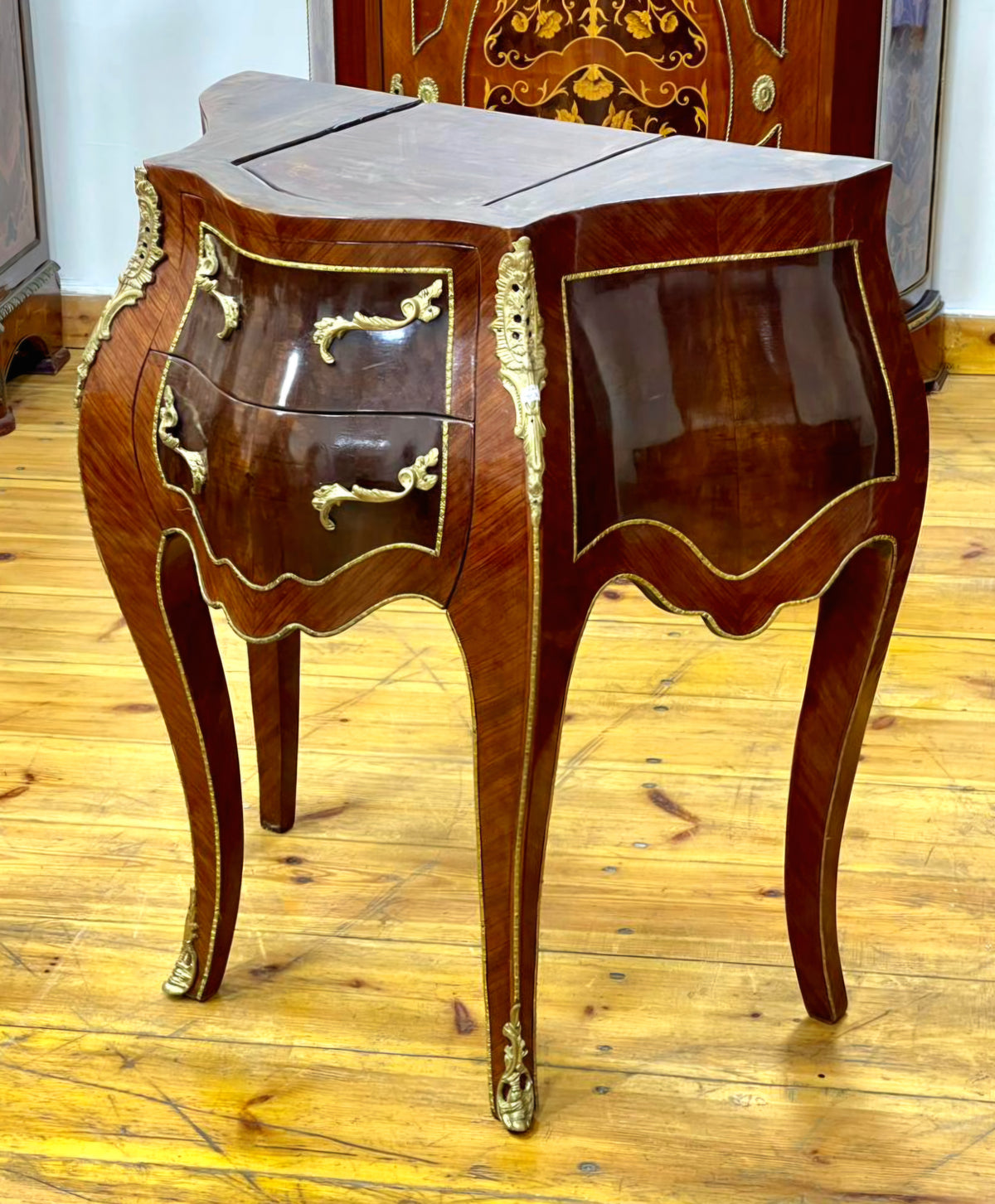 Sculptural French Side Cabinet – Bombe Wood Design with Gilded Bronze-Style Accents
