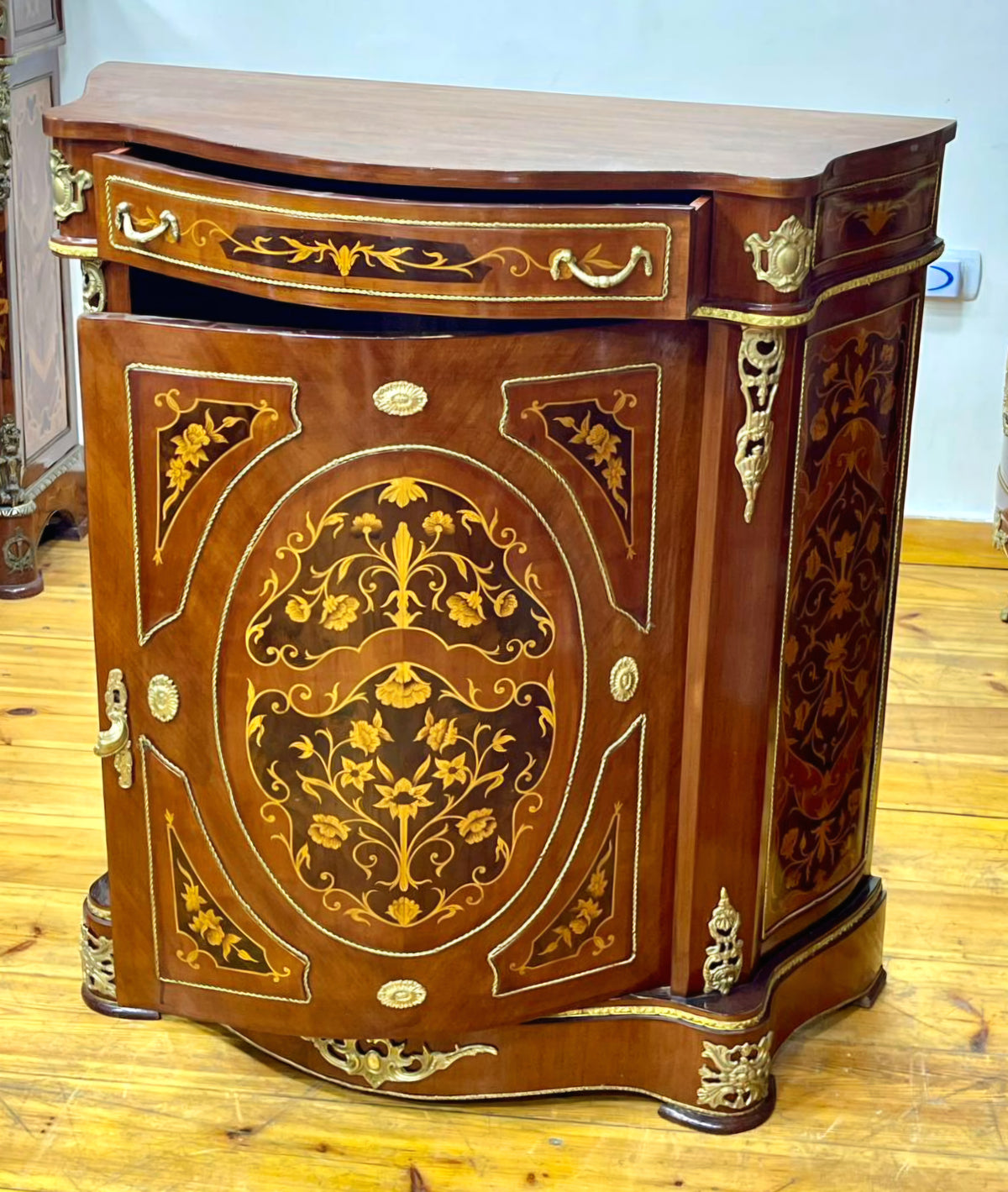 French-Style Marquetry Cabinet – Floral Inlay, Marble Top & Ornate Bronze Mounts