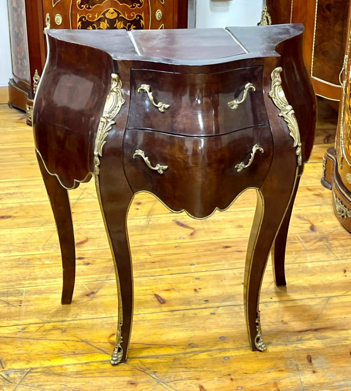 French-Style Two-Drawer Cabinet – Sculpted Wood Design with Gold Leaf Details & Marble Top