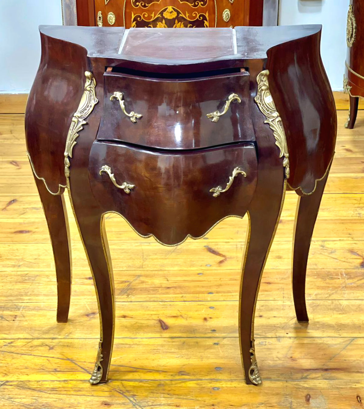 French-Style Two-Drawer Cabinet – Sculpted Wood Design with Gold Leaf Details & Marble Top