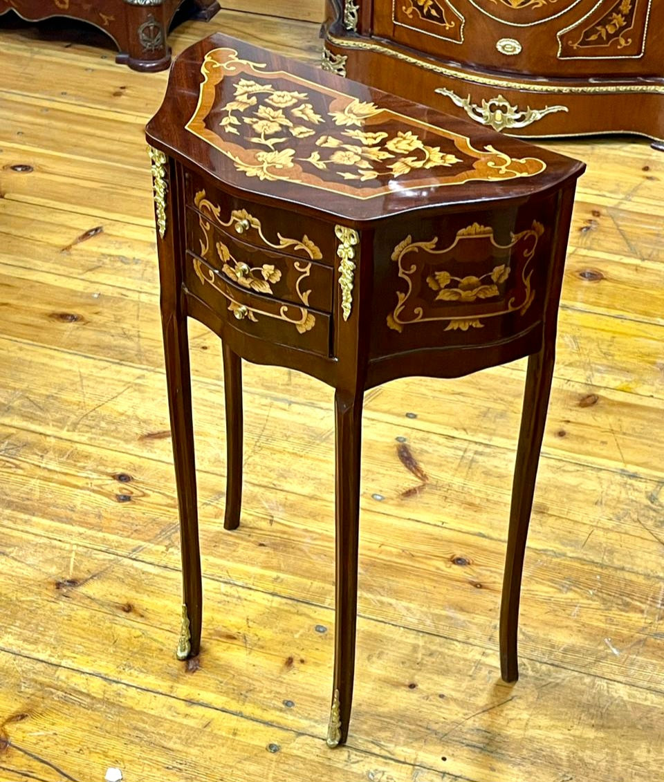French-Style Marquetry Side Table – Three Small Drawers with Ornate Floral Inlay & Gilded Details
