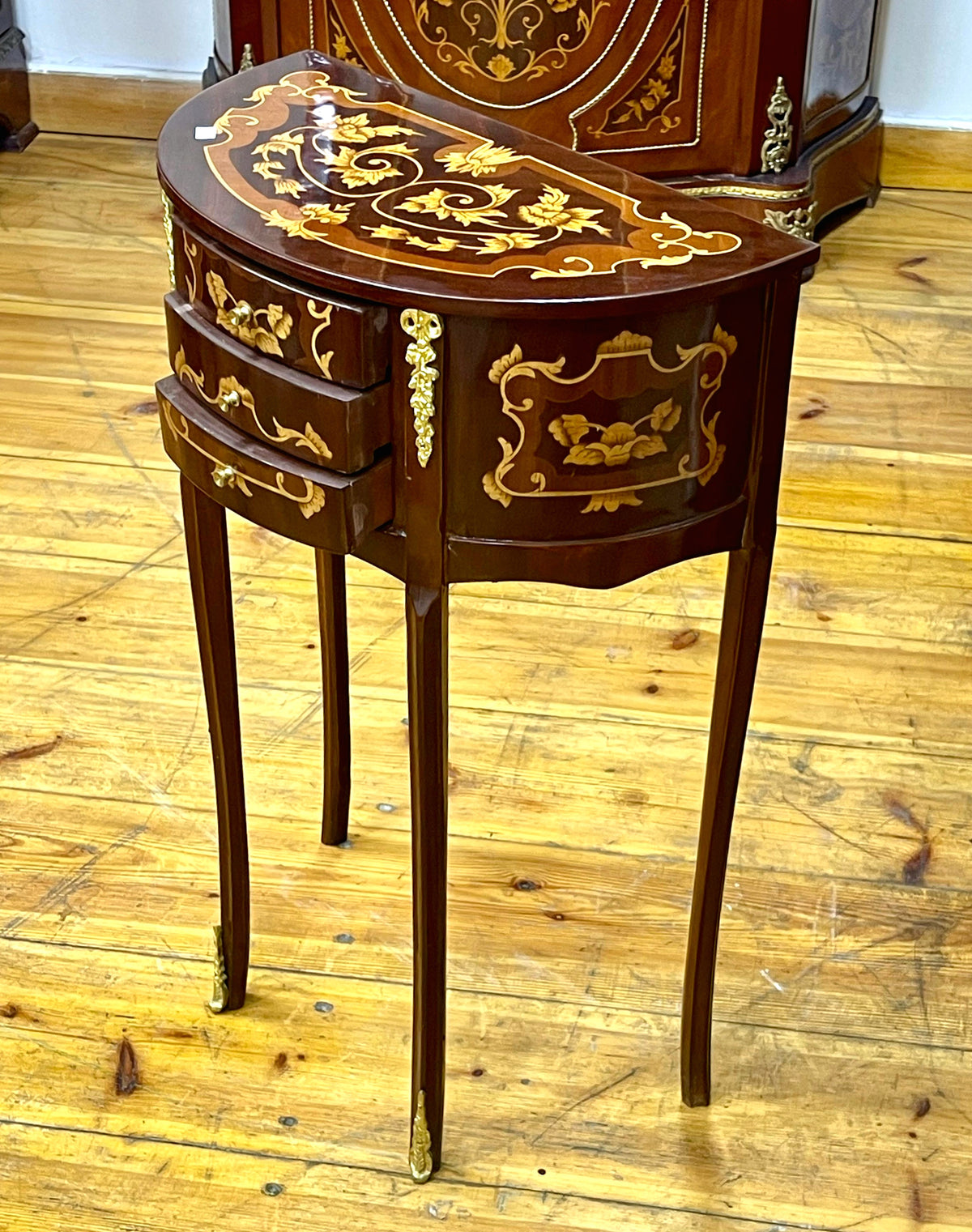 French-Style Demilune Side Table – Three Small Drawers with Floral Marquetry & Gilded Details