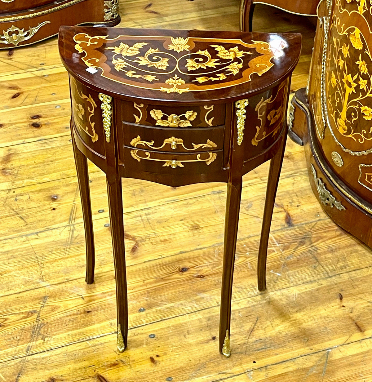 French-Style Demilune Side Table – Three Small Drawers with Floral Marquetry & Gilded Details