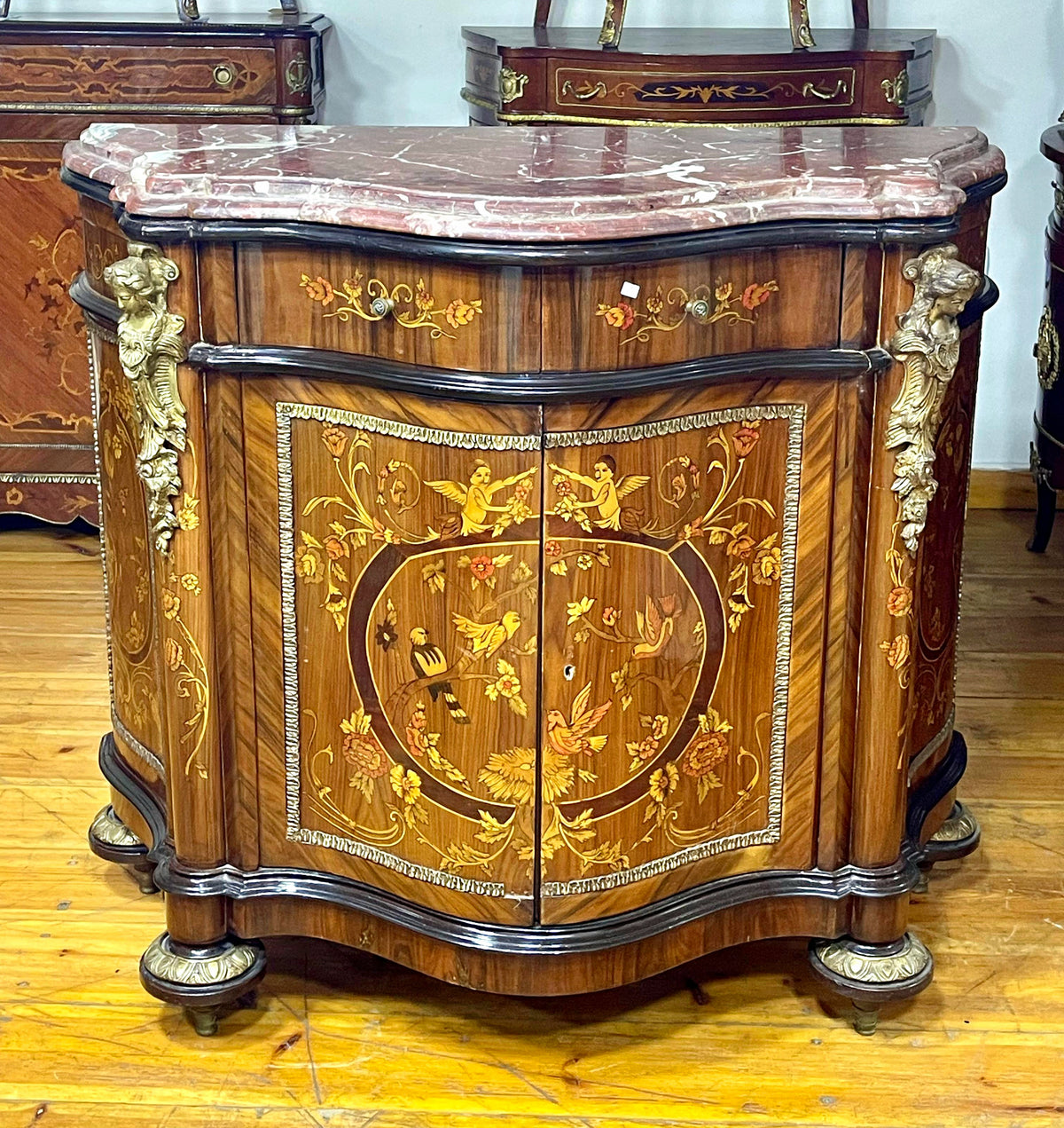 French Louis XV Style Bombe Commode – Floral Marquetry, Marble Top & Gilded Bronze Details