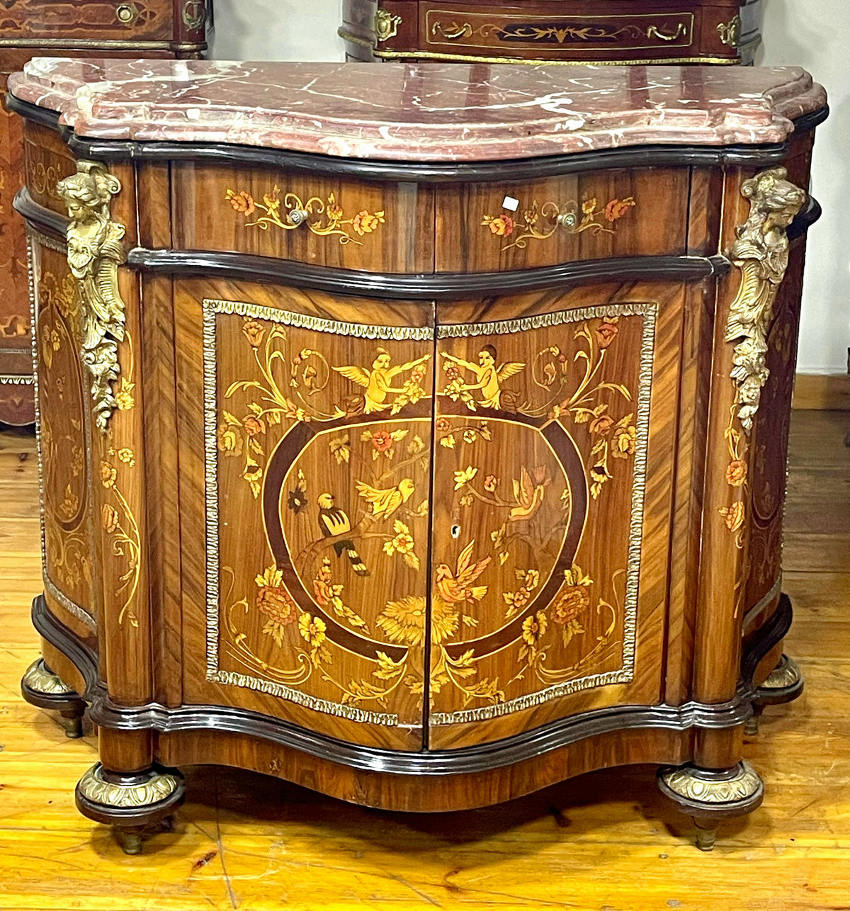 French Louis XV Style Bombe Commode – Floral Marquetry, Marble Top & Gilded Bronze Details