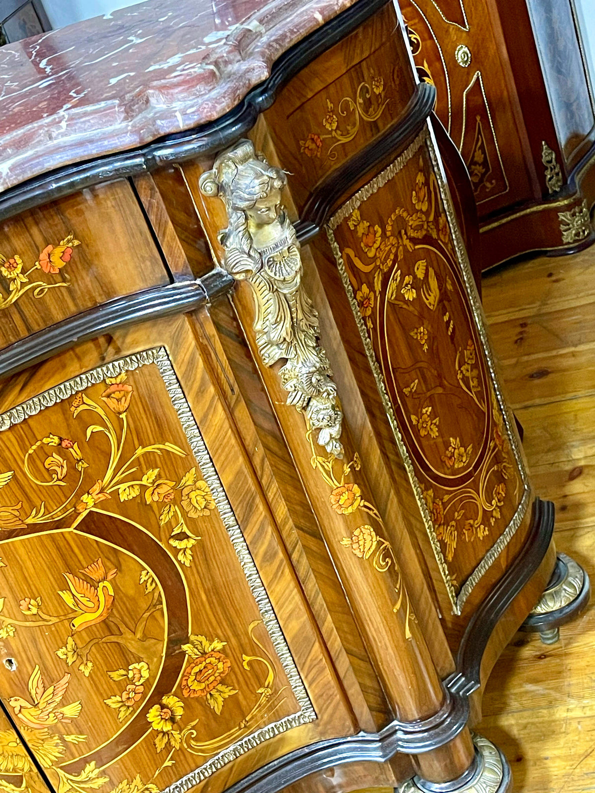 French Louis XV Style Bombe Commode – Floral Marquetry, Marble Top & Gilded Bronze Details