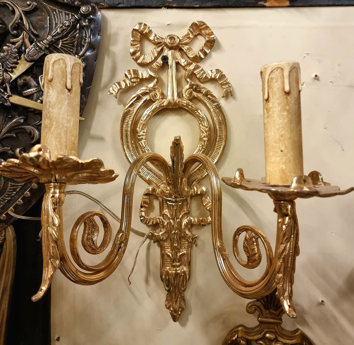 French-Style Gilded Bronze and Gold Leaf Two-Light Wall Sconce with Ornate Bow, Scrollwork and Decorative Details
